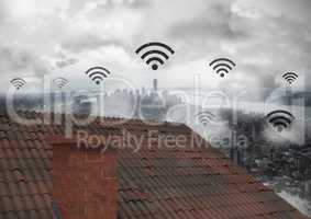 Wi-fi icons over roof and city