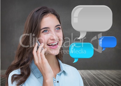 Woman on phone with shiny chat bubbles