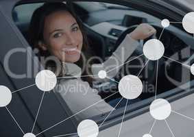 Connection interface against happy woman in the car