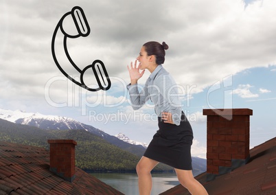 Businesswoman yelling at phone icon and standing on Roofs with chimney and mountain lake landscape