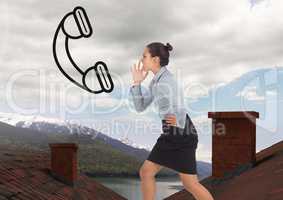 Businesswoman yelling at phone icon and standing on Roofs with chimney and mountain lake landscape