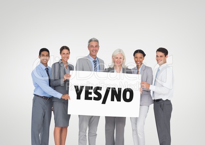 Business people holding a card with yes/no text