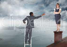 Businessman on ladder reaching for help to Businesswoman standing on Roof with chimney and cloudy ci
