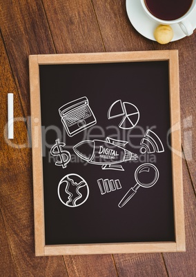 Table top with a blackboard with web graphics