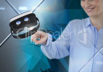 Woman touching and interacting with virtual reality headset with transition effect