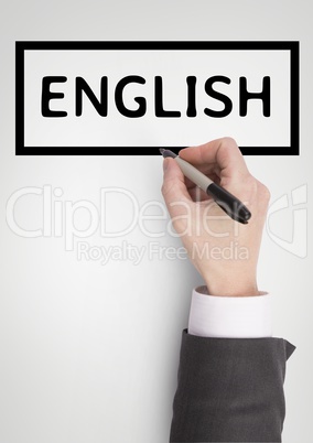 Hand interacting with English business text against white background