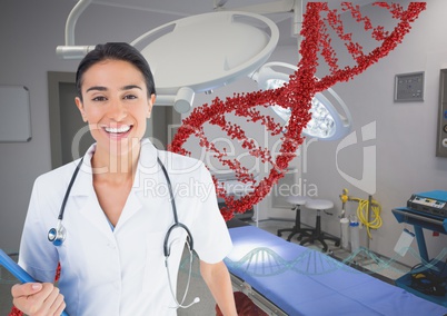 Happy doctor woman with 3D DNA strand