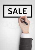 Hand interacting with sale business text against white background