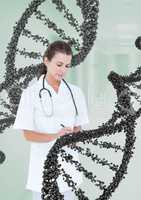 Doctor woman standing with 3D DNA strand
