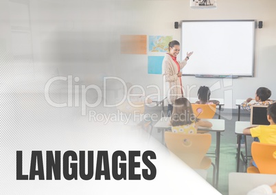 Languages text and School teacher with class