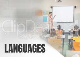 Languages text and School teacher with class
