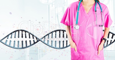 Doctor woman standing with 3D DNA strand