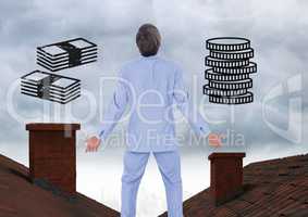 Money icons and Businessman standing on Roofs with chimney and cloudy sky