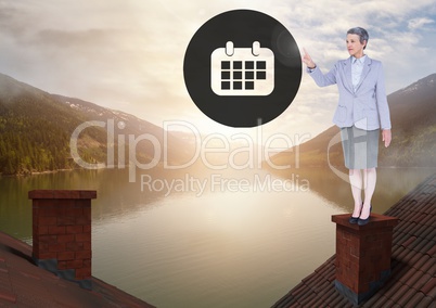 Calendar icon and Businesswoman standing on Roofs with chimney and lake mountain landscape