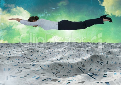 Businesswoman flying over sea of documents under green sky clouds