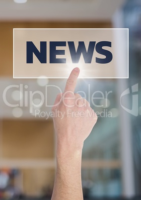 Hand interacting with news business text against blurred background