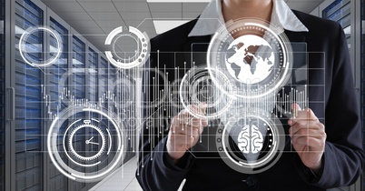 Business woman holding a glass and graphics in server room