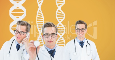 Doctor collage standing with DNA strands against yellow background