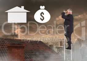 Businessman with binoculars looking at money icons over property ladder on roof