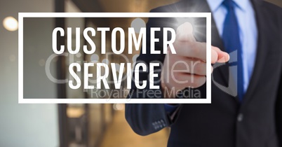 Hand interacting with customer service business text against blurred background