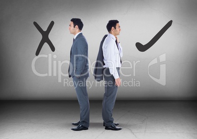 Correct Right or wrong drawings with Businessman looking in opposite directions