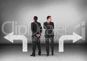 Left or right arrows with Businessman looking in opposite directions