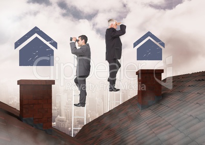 Businessmen on property ladder looking at house icons over roof