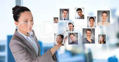 Businesswoman interacting and choosing a person from group of people interface