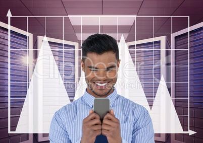 Happy business man holding a phone and graphics in server room