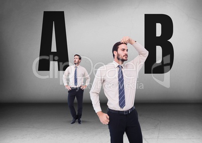 A or B with Businessman looking in opposite directions