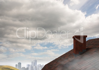 Roof with chimney in country and city sky