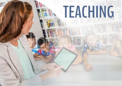 Teaching text and School teacher teacher with class