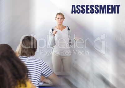 Assessment text and teacher with class