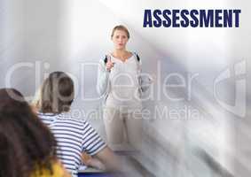 Assessment text and teacher with class