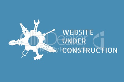 Website under construction text with tools graphics against blue background