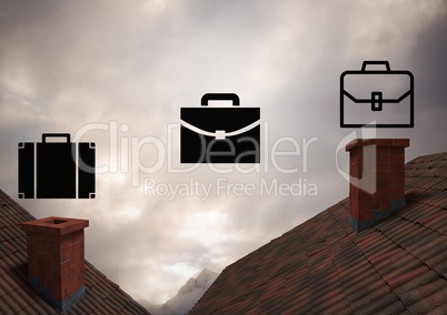 Briefcase icons over roofs with dramatic clouds