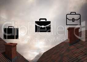Briefcase icons over roofs with dramatic clouds