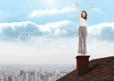 Businesswoman standing on Roof with chimney and city