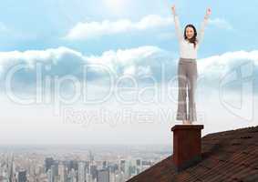 Businesswoman standing on Roof with chimney and city