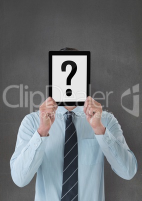 Business man holding a tablet with question marks  text