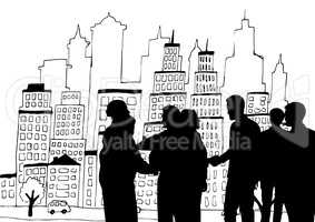 Business people silhouettes against city illustration
