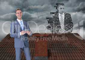 Businessman on roof with businessman silhouette made of words