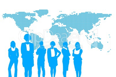 Business people silhouettes against white wall with world map