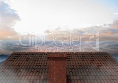 Roof with chimney and colorful sky