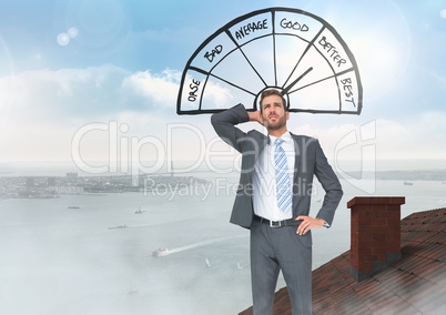 Barometer icon good and bad with Businessman standing on Roof with chimney and city sea port