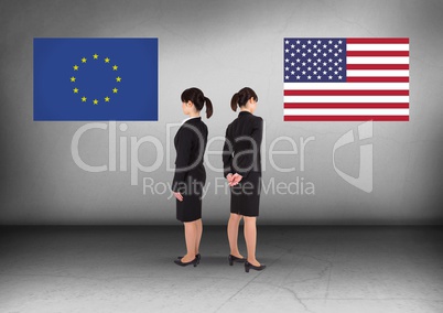 Europe flag or America flag with Businesswoman looking in opposite directions