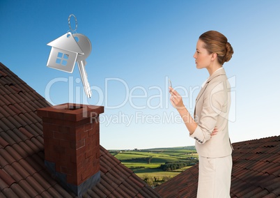 3D House keys and Businesswoman standing on Roofs with chimney and green country landscape