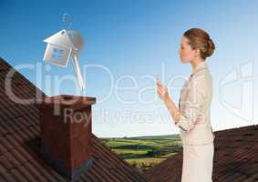 3D House keys and Businesswoman standing on Roofs with chimney and green country landscape