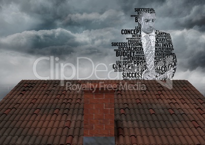 Businessman silhouette made up of words over roof