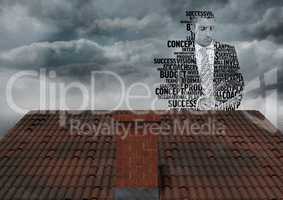 Businessman silhouette made up of words over roof